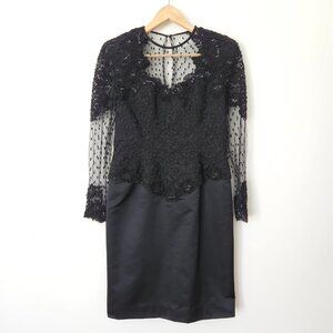 Vtg Halloween Black Lace Goth Dress Medium Mesh Silk Sequin 80s Menekshe Vampire
